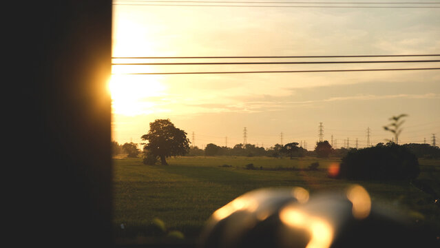 Rice field and electric pole outside the train window before sunset