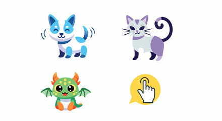 Adorable cartoon pets mythical creature and pointer icon vector illustration flat design puppy cat dragon click ui ux