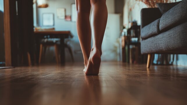 Frontal view of a woman s legs and feet walking on the living room floor