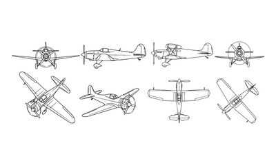 Collection of propeller airplane line art illustrations from various angles