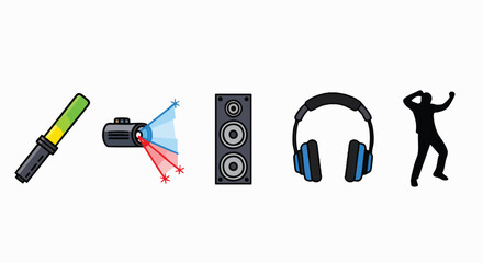 Vibrant party music elements set flat design vector illustration glowstick laser speaker headphones dancer nightlife audio sound