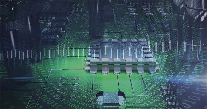 Upon receiving data stream microchip emitting binary swirl pulsing signal bars reflecting data flow
