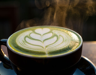湯気が立ちのぼる抹茶ラテの温かなひととき
