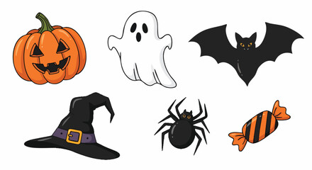 Fototapeta premium Cute Halloween cartoon elements spooky collection vector illustration flat design pumpkin ghost bat witch spider candy graphic isolated clip art