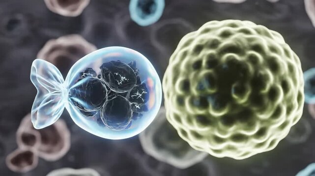 Cinematic 3D macro of autophagy: a glowing autophagosome envelops dark cellular debris and docks with a lysosome to create clean energy.