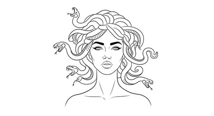 A black and white illustration of Medusa, a mythological figure, with snakes.