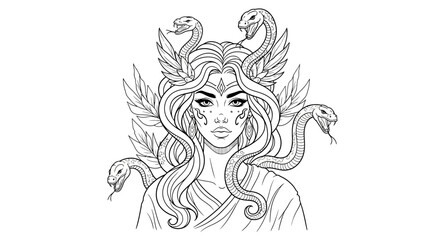A stylized illustration of Medusa, a mythical woman with snakes for hair.