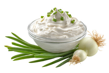 Creamy dip with fresh green onions and onion bulbs isolated on transparent background