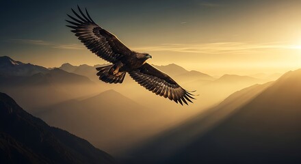 Golden Eagle Soaring High Above Misty Mountains At Sunrise A Breathtaking Wildlife Nature Spectacle A Majestic Bird In Natural Habitat