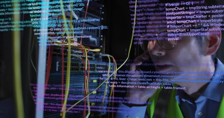 IT technician raising smartphone invoking code overlay inspecting cables diagnosing network fault - Powered by Adobe