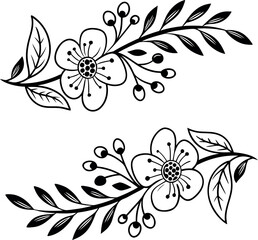 Elegant floral line art vector illustration featuring botanical design elements with leaves and blossoms, useful for invitations, logos, and decorative frames