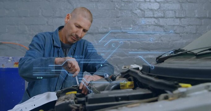 Mechanic picking up screwdriver loosening bolt for engine diagnostics as circuit overlay updating