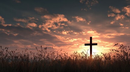 Silhouette of a black cross symbol in grass against a sunrise or sunset sky