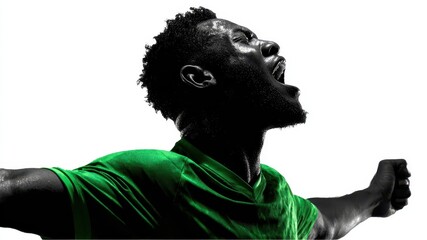 Silhouetted African soccer player in green jersey rejoicing