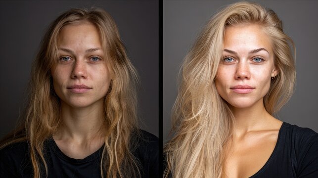 Side by side image of a woman made up and barefaced