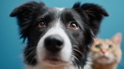Fototapeta premium Close-up of a black and white dog with an orange cat in the background indoors
