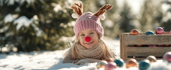 The girl wearing reindeer hat and red nose in snowy winter scene