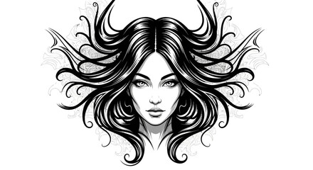A striking black and white portrait of a woman with flowing, stylized hair.