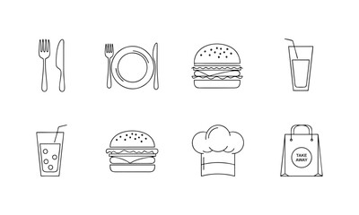 Food and Culinary Line Icons – Burger, Chef, Restaurant and Cooking Vector Set