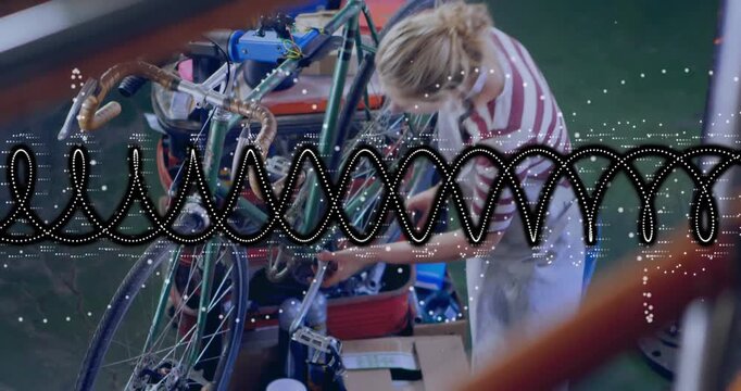 Mechanic entering gripping bike, examining chain and adjusting pedal with animation guiding repair