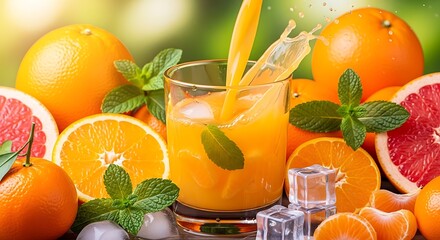 Fresh Orange Juice Pouring Into Glass Splashes Of Citrus Drink Surrounded By Oranges A Vibrant And Healthy Beverage Scene