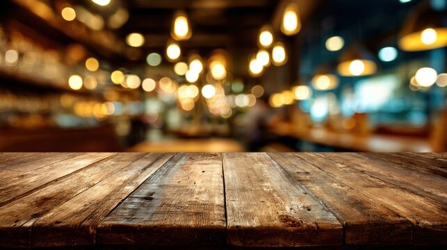 A blurred background of a cozy bar with warm lights, featuring a rustic wooden table in the foreground.