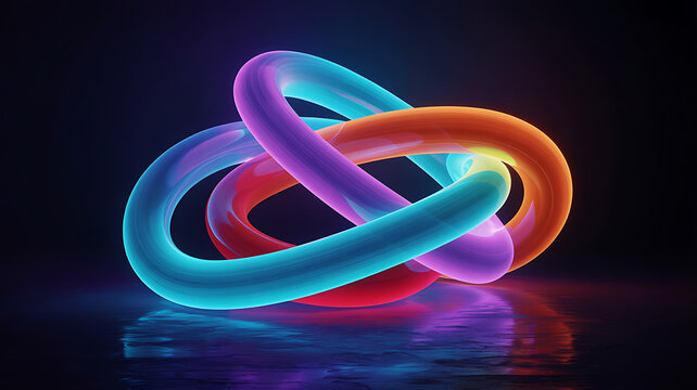 Intertwined luminous torus shapes in vibrant neon colors against a dark background - Powered by Adobe