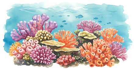 A vibrant watercolor illustration showcasing a colorful coral reef ecosystem teeming with marine life