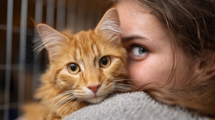 White woman at a shelter to adopt a cat meets a friendly ginger for pet care