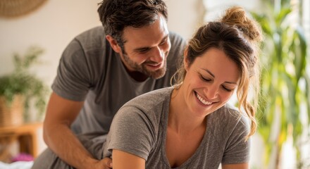Fototapeta premium Wellness pregnancy and joy a husband massages his wife s back at home