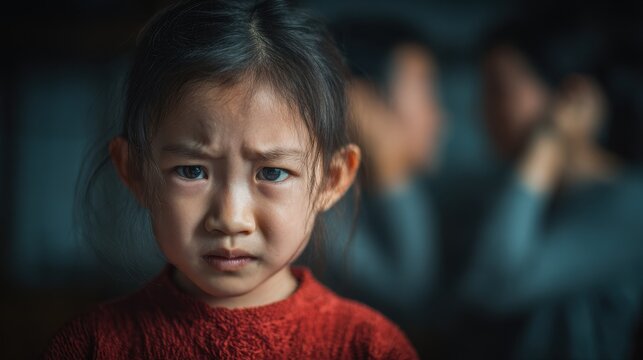 Weeping young Asian girl with arguing parents behind her