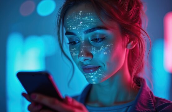 Young woman holds smartphone, face shows digital scan pattern. Highlights face ID tech, security, biometrics, identity verification. Represents future innovation in digital access, personal data,