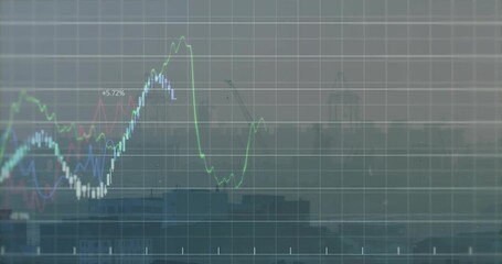 Grid fading over skyline candlestick chart rising line graphs animating callouts for market trends - Powered by Adobe