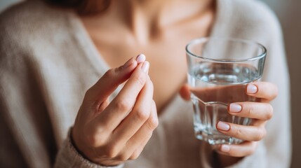 Woman preparing to take a painkiller with water Health and treatment theme