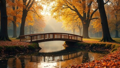 Scenic photo shows a wooden bridge over a calm pond in an autumn park. Trees with yellow leaves reflect in the water. Landscape in fall season.