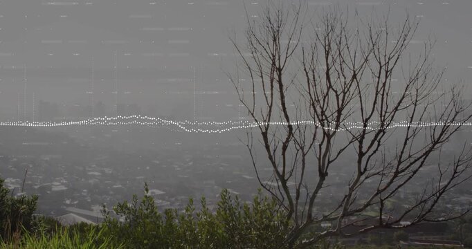 Audio waveform overlay appearing as audio playing over hillside pulsing across frame showing signal