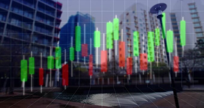 Bars appearing on translucent 3D candlestick chart flowing left over plaza indicating upward trend