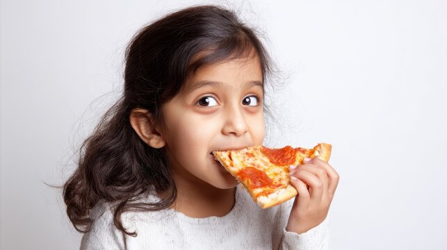 Young Asian girl alone enjoying a slice of pizza against a white backdrop