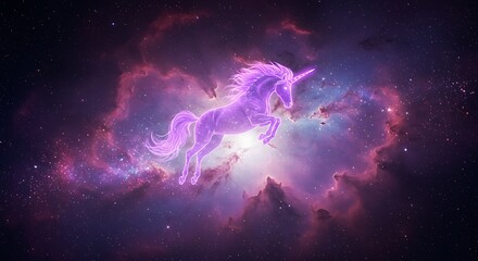 A spectral unicorn leaping against a backdrop of nebulae and swirling cosmic dust