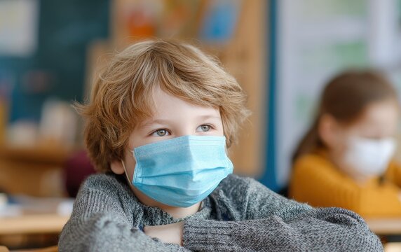 Young student with a face mask at school during an epidemic