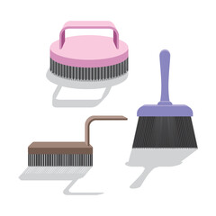 Violet brush, pink round brush, brown brush with handle for clothes and shoes or paint brush isolated on a white background. Broom for sweeping. Set or collection. Brushes with shadows