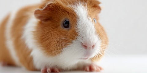 Cute guinea pig with brown and white fur lying on a light surface in a cozy setting