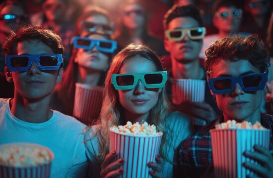 Youth watching a film in 3D glasses while snacking on popcorn