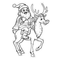 Santa Claus in a cape and riding a Christmas reindeer. Illustration on a white background for holiday design. Coloring page.