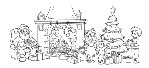 A Christmas fireplace with presents. Santa Claus sitting in a chair. Children around a Christmas tree with toys. Illustration on a white background for holiday design. Picture for coloring books and g