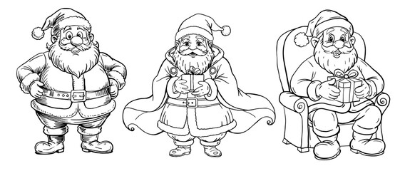 Three cute Santa Clauses in different styles. Illustration on a white background for holiday design. Suitable for coloring books and greeting cards.