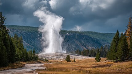 Old Faithful geyser erupts steam up to 145 feet occurring every 60 to 90 minutes