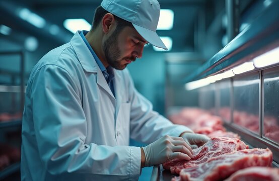 Man in uniform checks raw meat quality in factory processing plant. Employee wears gloves, cap, white coat. Inspects fresh beef cuts on metal table. Focus on food safety, production standards.