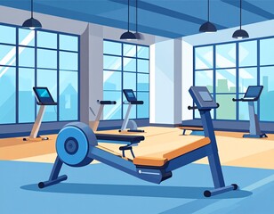 Interior of a modern fitness center with various exercise equipment and large windows.