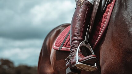 Detail shot of a rider s boot in a stirrup on a horse with a red saddle highlighting the equestrian lifestyle